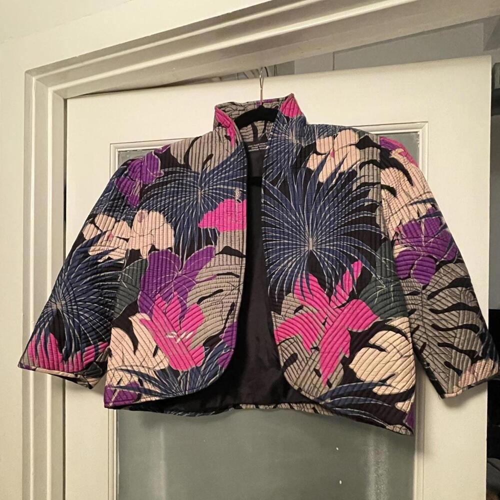 Vintage Thai Silk Floral Quilted Puff Cropped Jacket